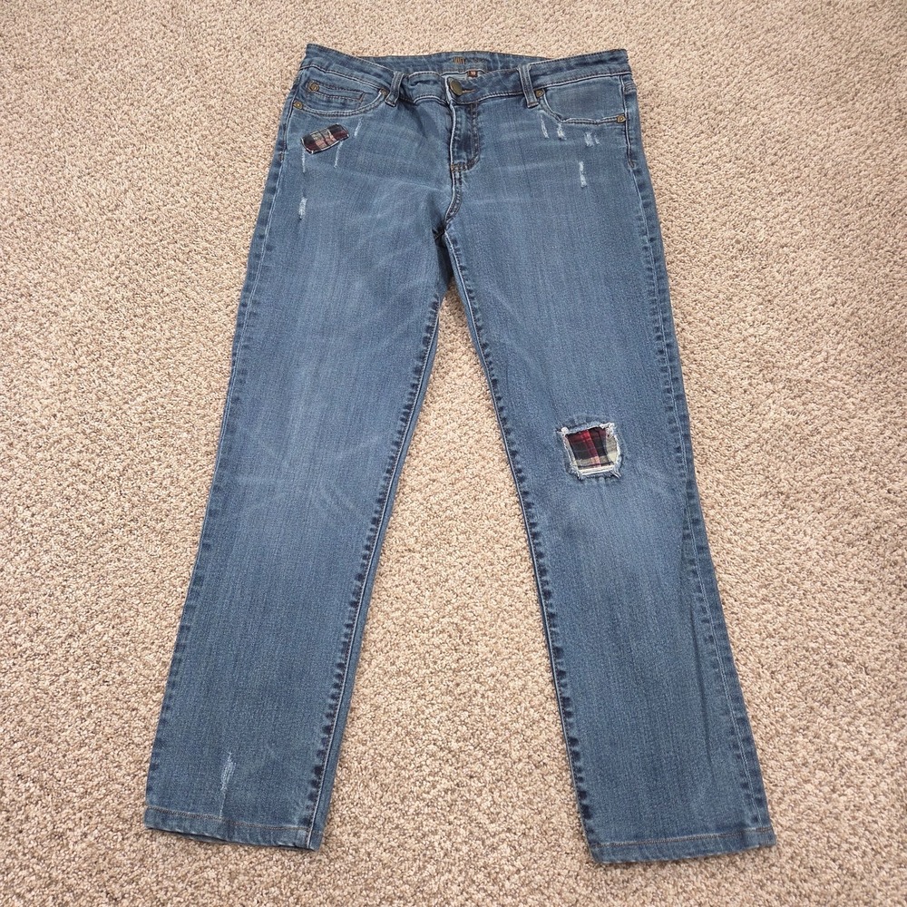 Kut from the Kloth Blue Patchwork Straight Leg Distressed Jeans Womens Size 10